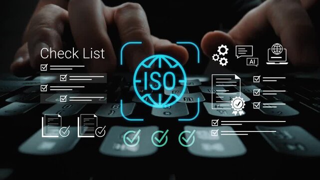 Conceptual Image of ISO Certification Process with Checklists and Digital Elements on a Computer Keyboard Gluon.