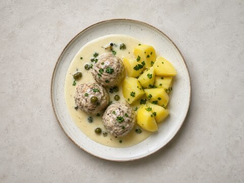 K&ouml;nigsberger Klopse mit Kartoffeln, Kapernsauce und Petersilie als deutsches Traditionsgericht