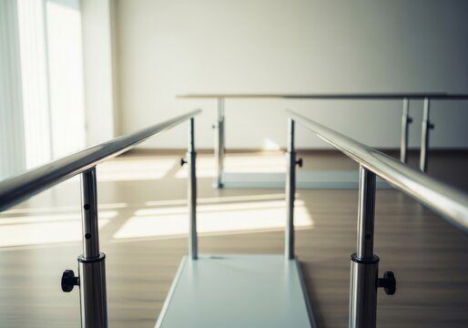 Polished metallic parallel bars for mobility exercises situated in a modern rehabilitation clinic with clean floors and soft daylighting, step, healthcare, balance