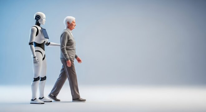 Sleek white humanoid robot provides steady balance and support for geriatric walking mobility on a clean, minimal, and isolated background, technology, isolated, science