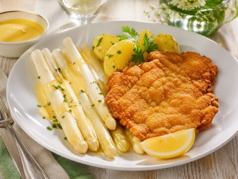 Wei&szlig;er Spargel mit Sauce Hollandaise, Kartoffeln und knusprigem Schnitzel als Klassiker