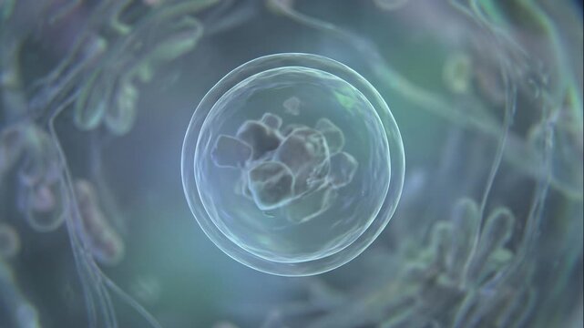 Dynamic and smooth microscopic illustration of the AUTOPHAGY mechanism, revealing cellular rejuvenation and intricate internal biological restructuring