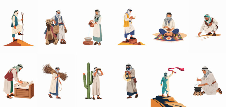 Vector illustration set of Middle Eastern men in traditional clothing performing various desert activities, including travel, navigation, and daily survival tasks.