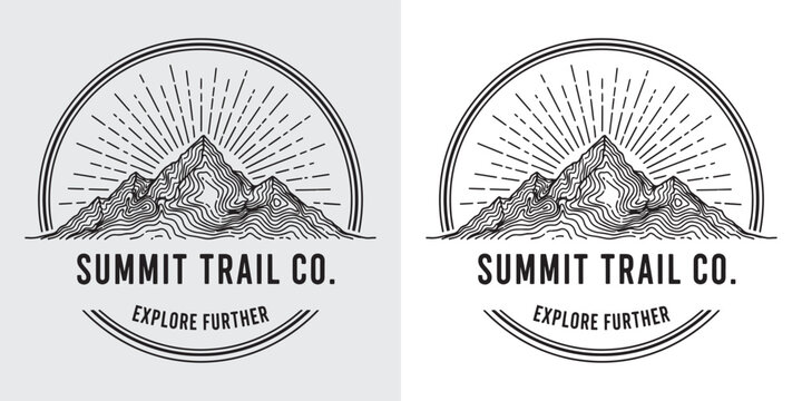 Hand Drawn Mountain Range with Sunburst - Vintage Outdoor Adventure Logo