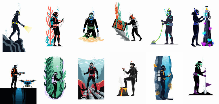 A collection of various scuba divers performing underwater activities such as exploration, scientific research, and maintenance, in a flat vector illustration style.