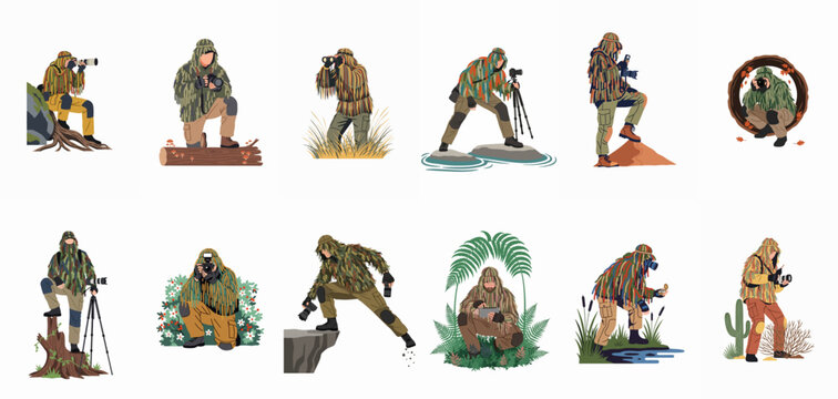 Set of diverse wildlife photographer illustrations wearing camouflage ghillie suits while capturing nature in various outdoor environments using professional camera equipment.
