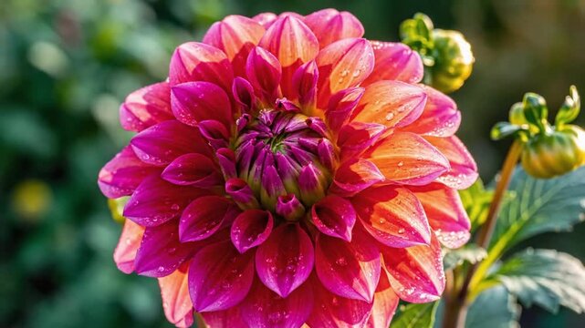 Time lapse of a dahlia blooming in a garden setting over a period of hours with changing light and colors