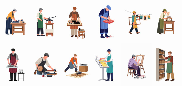 Collection of Illustrative Flat Characters Representing Printmakers, Artists, and Craftsmen Working in Their Studios with Printing Equipment and Tools.