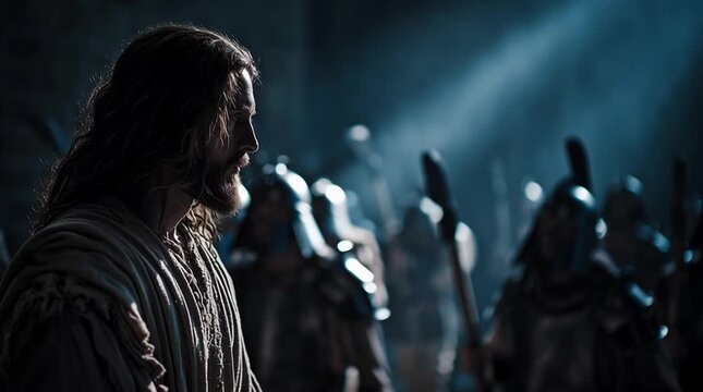 A man wearing a crown of thorns faces an uncertain fate with soldiers.