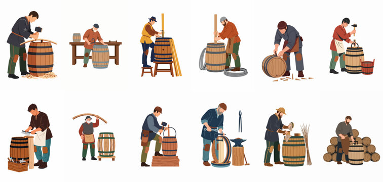 Set of flat illustrations depicting traditional medieval coopers or barrel makers at work using various historical tools for woodcraft and barrel assembly.