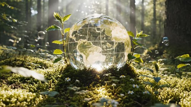 Glass globe in forest with sunlight perfect for scenic backgrounds and natural storytelling