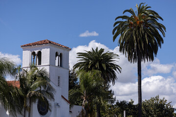 Fototapeta premium Afternoon sun shines on a historic church in downtown Buena Park, California, USA.