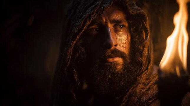A hooded man with a beard holds a flickering torch in darkness.