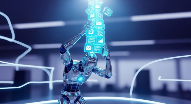 A metallic humanoid machine struggles to balance a towering stack of glowing blue holographic task icons within a futuristic office setting, blue, information, office