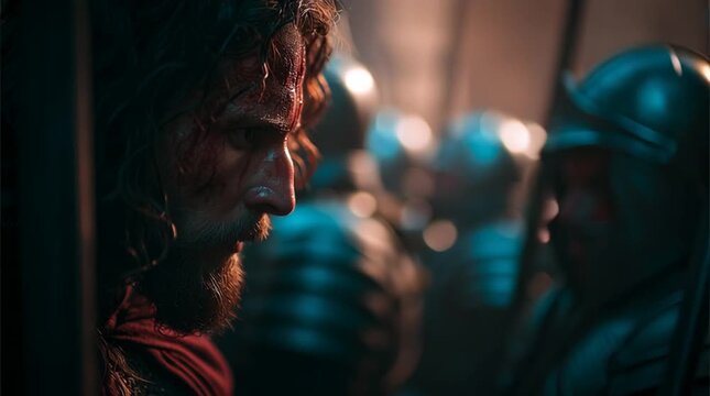 A suffering man with a bruised face stands close to a soldier.