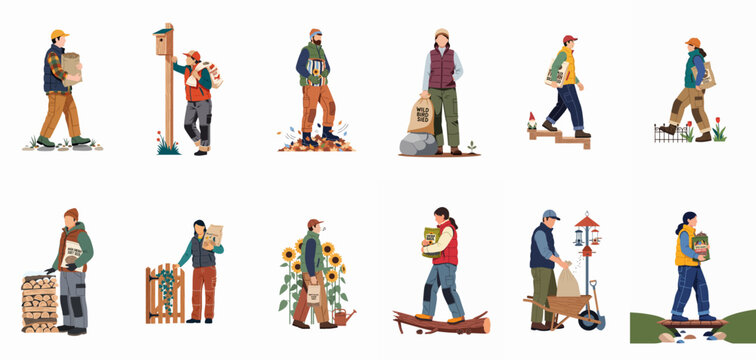 Set of flat vector illustrations showing various people carrying bags of bird seed and engaging in winter bird feeding and garden maintenance activities.