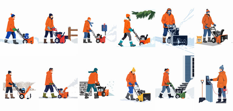 Collection of flat illustrations showing people in winter clothing operating various snowblowers to clear paths in snowy outdoor settings.