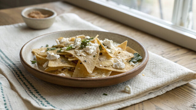 Photorealistic horizontal table scene chilaquiles tortilla chips with light sauce cheese herbs rustic breakfast natural soft light