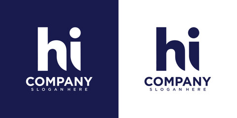 Two logos with letter hi and company text on white and blue backgrounds © agung