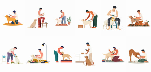 Fototapeta premium Collection of flat illustrations showing men grooming, brushing, and caring for their pet dogs in a variety of domestic indoor scenes.