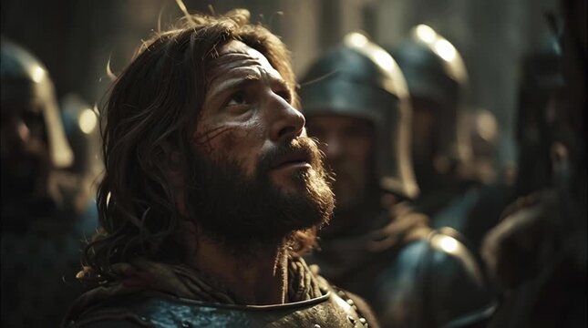 A man with a distressed face looks up surrounded by soldiers.