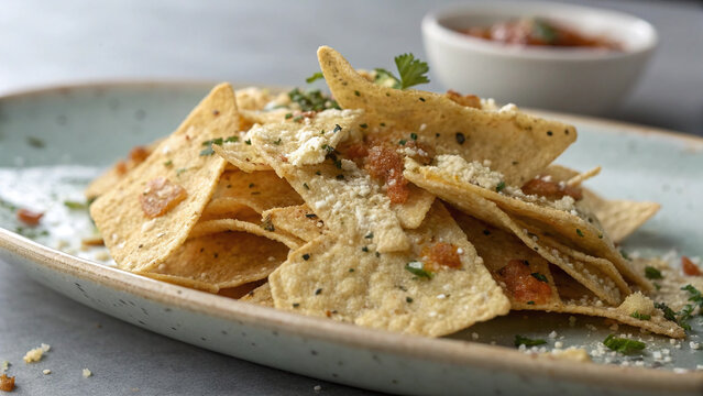 Photorealistic macro food closeup chilaquiles chips coated in sauce cheese herbs detailed texture crisp edges natural light