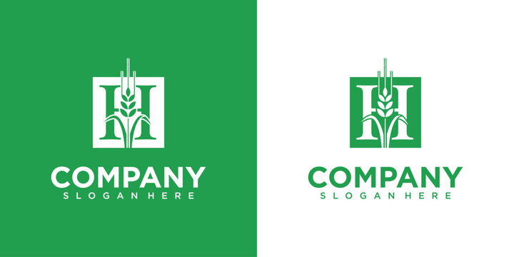 Two logos featuring a wheat plant inside a square on green and white backgrounds display the company name