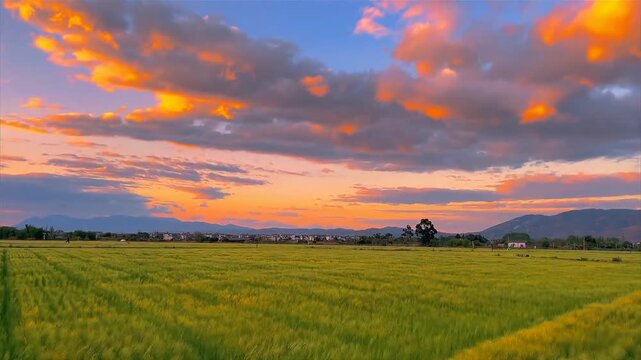 Wooden pathway through green grass field at sunset