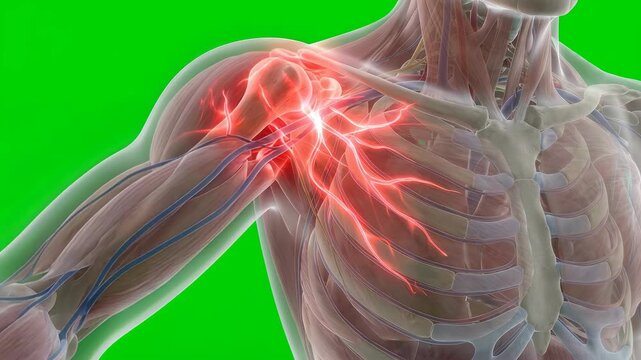 Detailed 3D model of human shoulder highlighting front right side pain with red effects, on green screen background, medical visualization, anatomy focus, 4K video