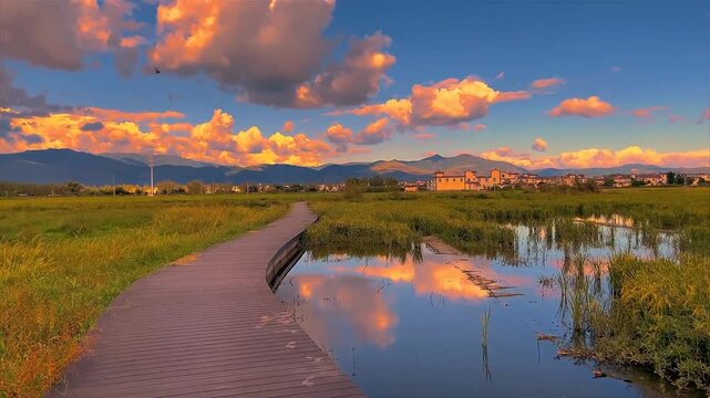 Scenic brick path through wet grassland at sunset