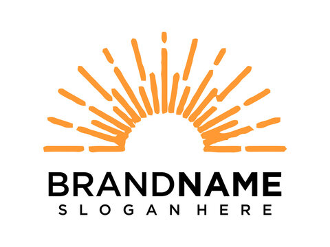 A bright orange sunburst logo rises behind a brand name on a white background with a slogan.