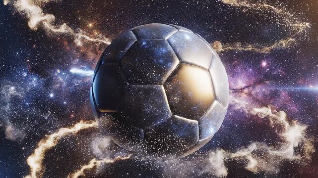 Glowing cosmic soccer ball floating in space with golden dust and nebula clouds futuristic sports concept celestial football sphere with dramatic lighting and fantasy atmosphere