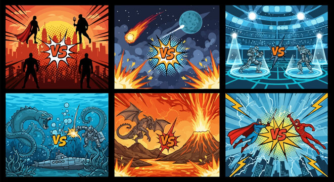 Set of comic book style battle scenes with superheroes, monsters, robots, and fantasy creatures fighting each other