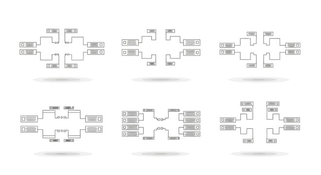 Set of six tournament brackets for 8 teams, single elimination competition charts