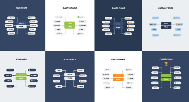 Set of tournament bracket templates for sports competitions, knockout stages, and championship finals with various layouts