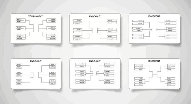 Set of tournament and knockout bracket templates for sports competitions, championships, and gaming events with various team sizes