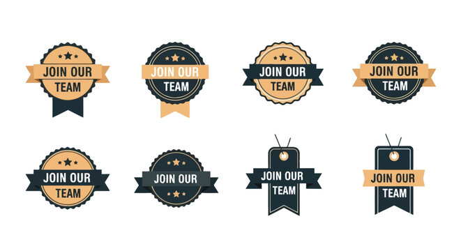 Set of join our team badges, labels, and tags in flat design style, vector illustration for recruitment and hiring