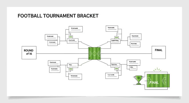 Football tournament bracket template with round of 16, quarter finals, semi finals and final stages