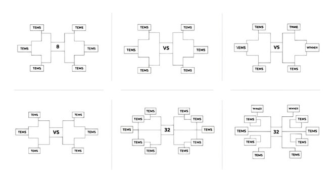 Set of tournament brackets templates for 8 and 32 teams, sports competition charts with empty boxes for names