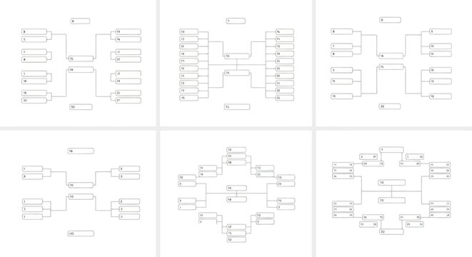 Set of blank tournament brackets for various team sizes