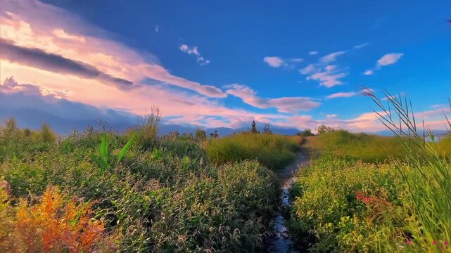 Serene landscape with pathway through green grassy field