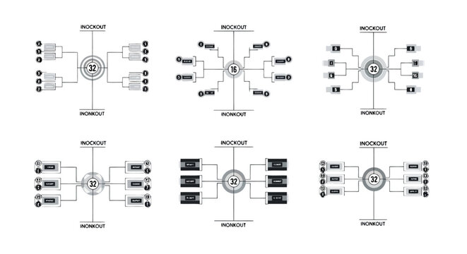 Set of tournament bracket templates for knockout competitions with 16 and 32 teams, sports championship diagrams