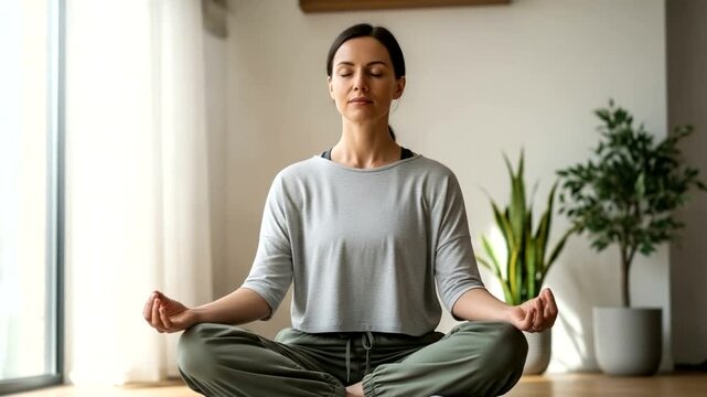 Woman Meditating in a Serene Indoor Space with Plants