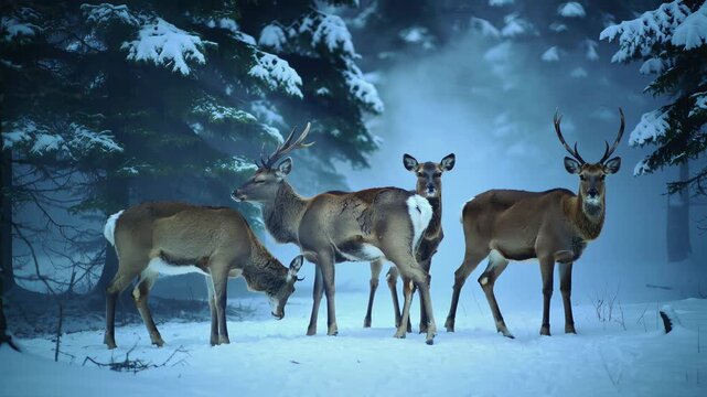 Group of wild deer standing in a snowy winter forest during daytime
