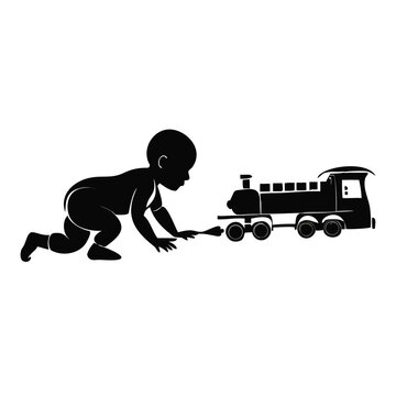 Baby crawling toward toy train in playful scene. Baby moves eagerly to engage with colorful toy train, showcasing curiosity and joy in early developmental stages.