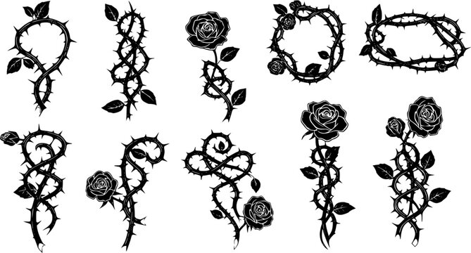 Silver metal rose vines with sharp thorns. Gothic prickly vine elements isolated