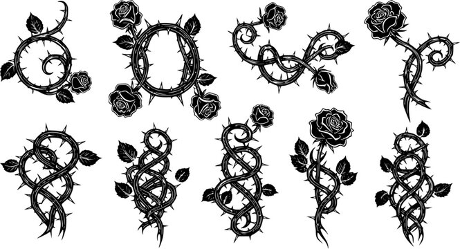 Silver metal rose vines with sharp thorns. Gothic prickly vine elements isolated
