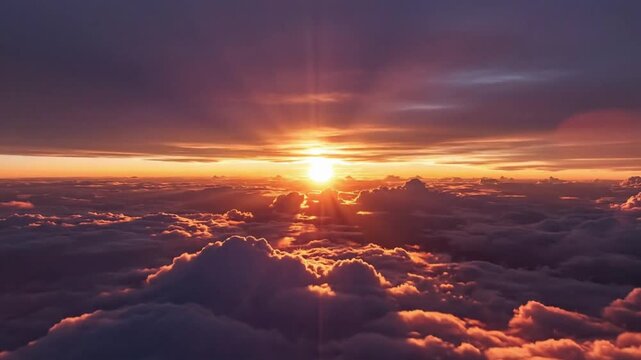 Fly above clouds at sunset with a view from the sky showcasing the changing colors and shapes of the clouds during the evening