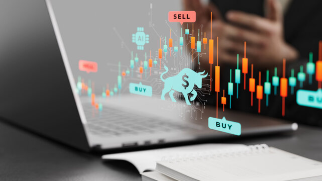 Bull Market Trend and AI Trading Technology on Laptop Screen