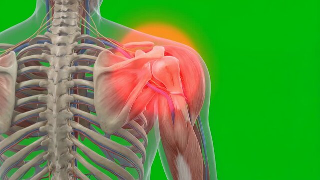 Rear view detailed 3D model of human shoulder highlighting front right side pain with red effects, on green screen background, medical visualization, anatomy focus, 4K video